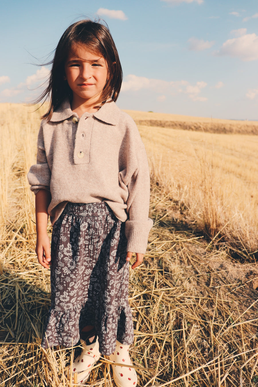 Falda Midi Flores Gris